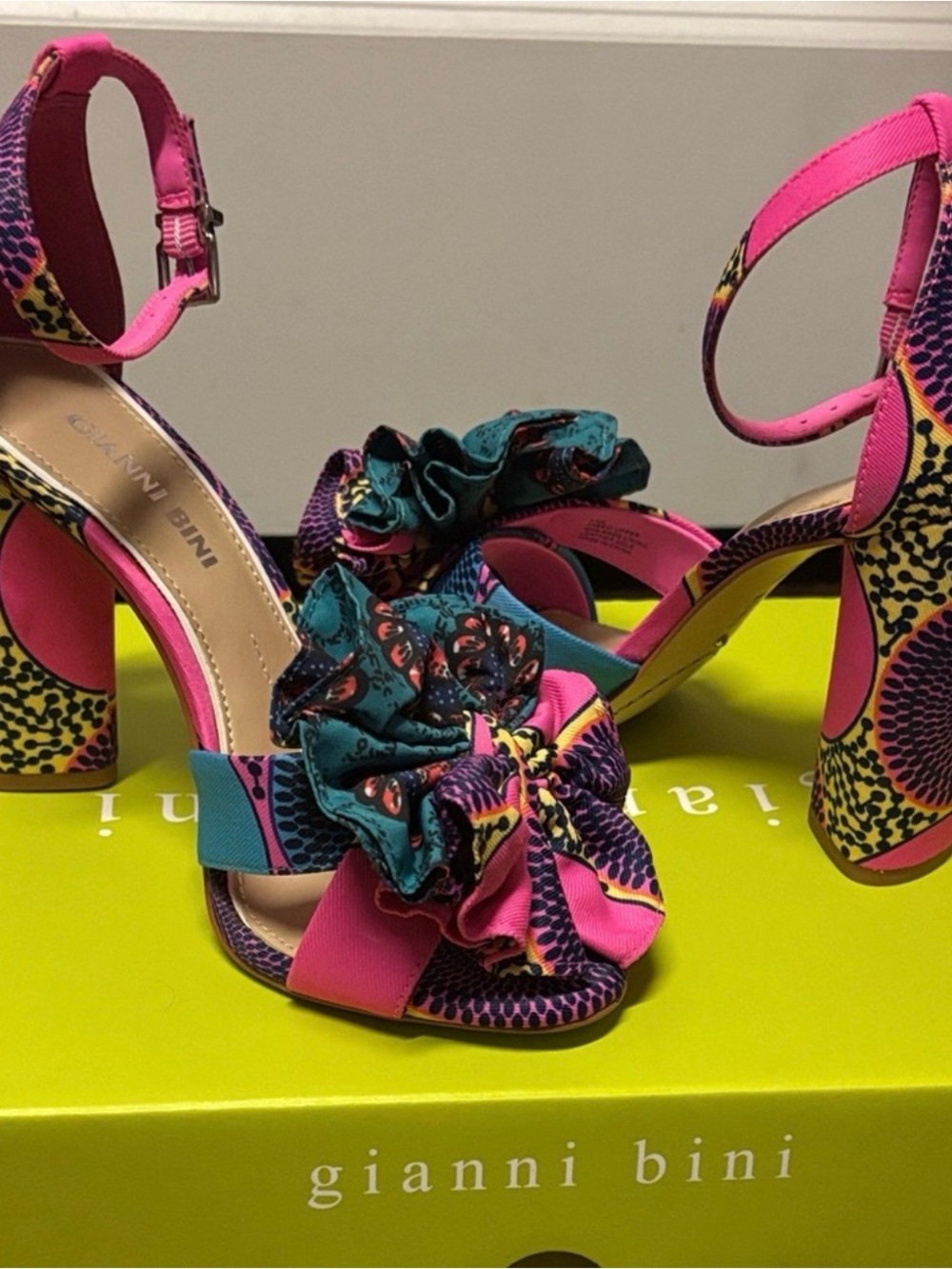 Gianni Bini Pink and Teal Floral Ruffle Block Heels